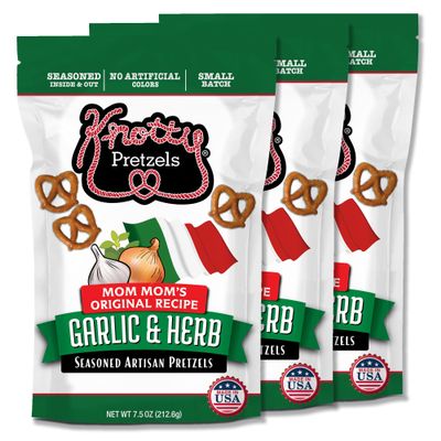 Knotty Pretzels "The Official Pretzel of Beer" 7.5 oz Individual Seasoned Pretzels in Resealable Pretzel Snack Bags, The Perfect Pairing for Beer, Garlic & Herb Flavor (3-Pack)