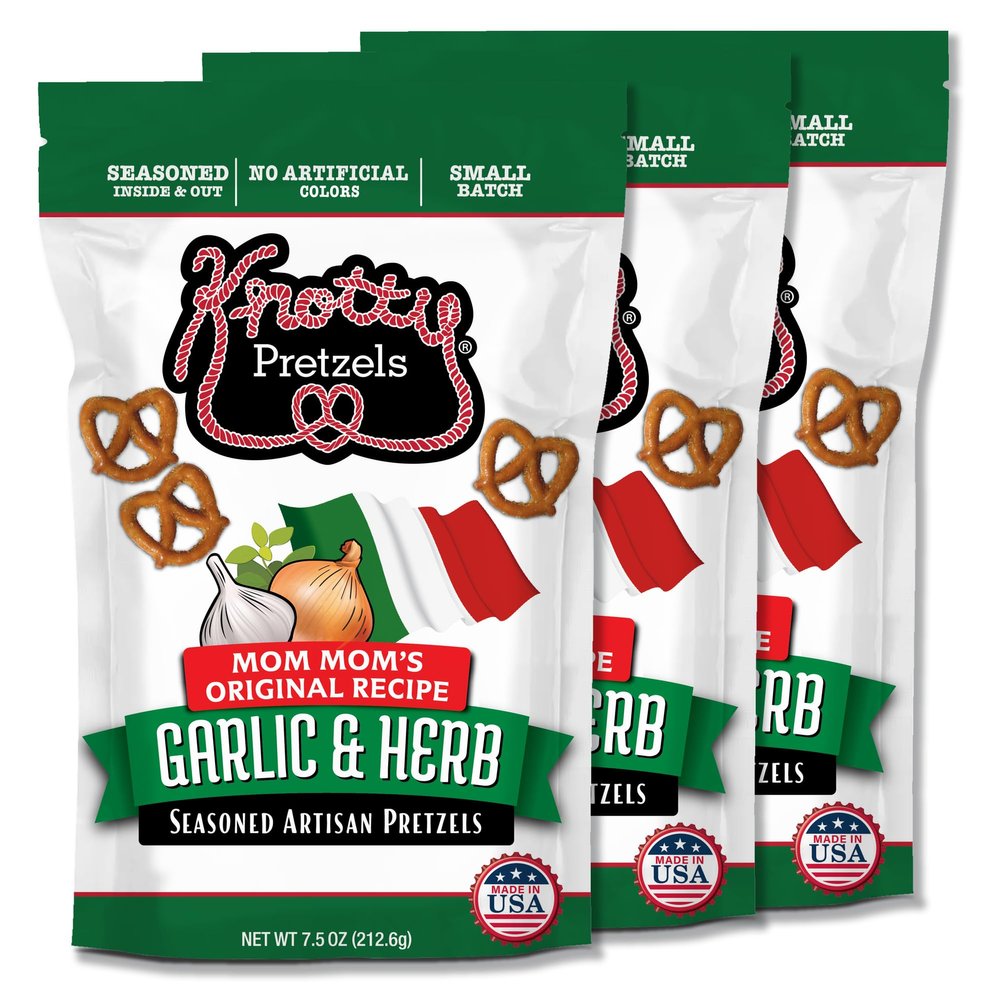 Knotty Pretzels "The Official Pretzel of Beer" 7.5 oz Individual Seasoned Pretzels in Resealable Pretzel Snack Bags, The Perfect Pairing for Beer, Garlic & Herb Flavor (3-Pack)