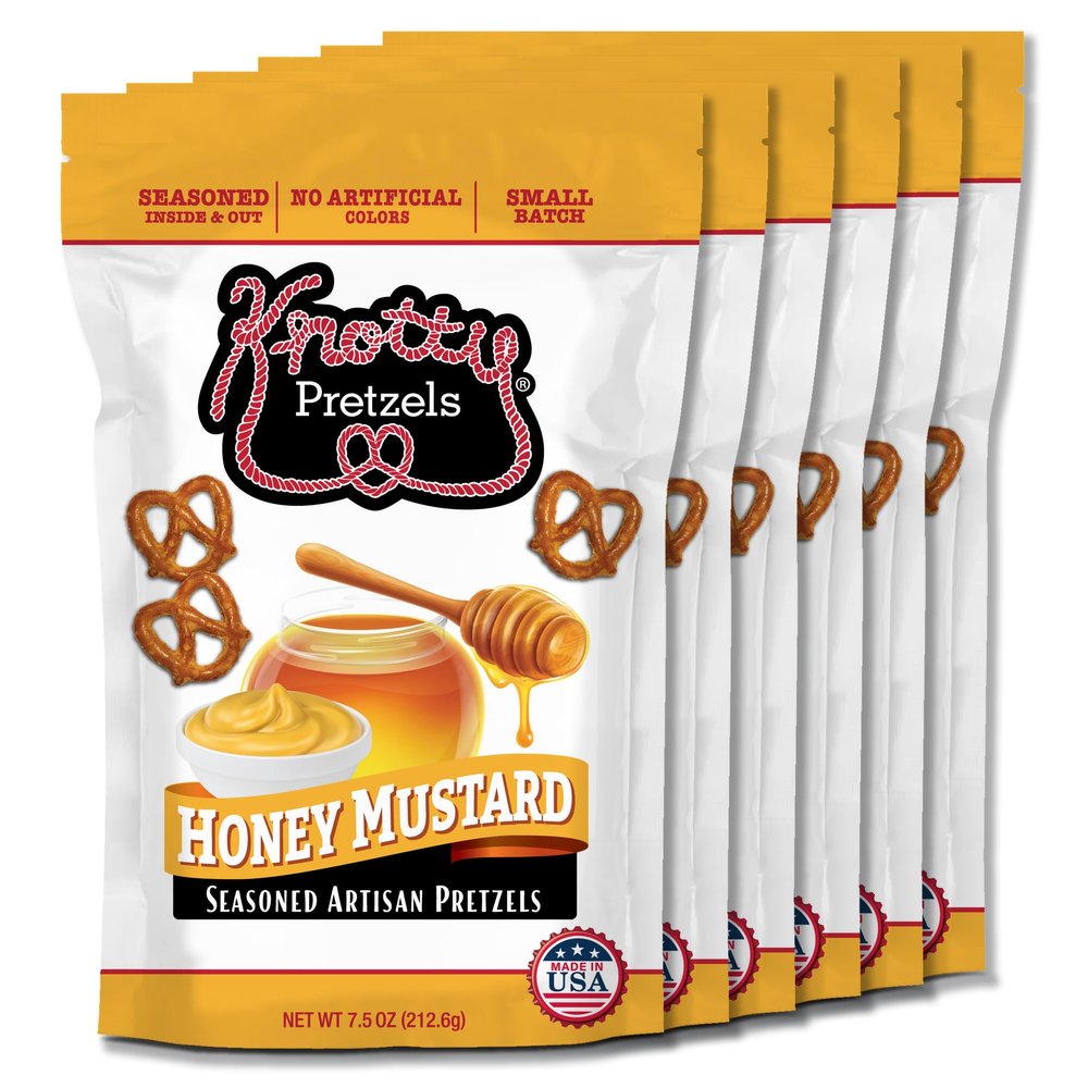 Knotty Pretzels - "The Official Pretzel of Beer" 7.5 Ounce Individual Seasoned Pretzel in Resealable Snack Bags - Honey Mustard (6 Pack)