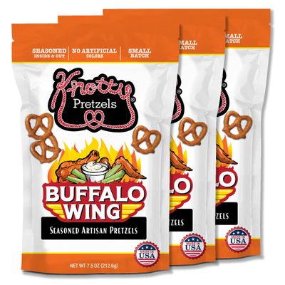 Knotty Pretzels The Official Pretzel of Beer 7.5 oz Individual Seasoned Pretzels in Resealable Pretzel Snack Bags, The Perfect Pairing for Beer, Hot Wings Flavor (3-Pack)