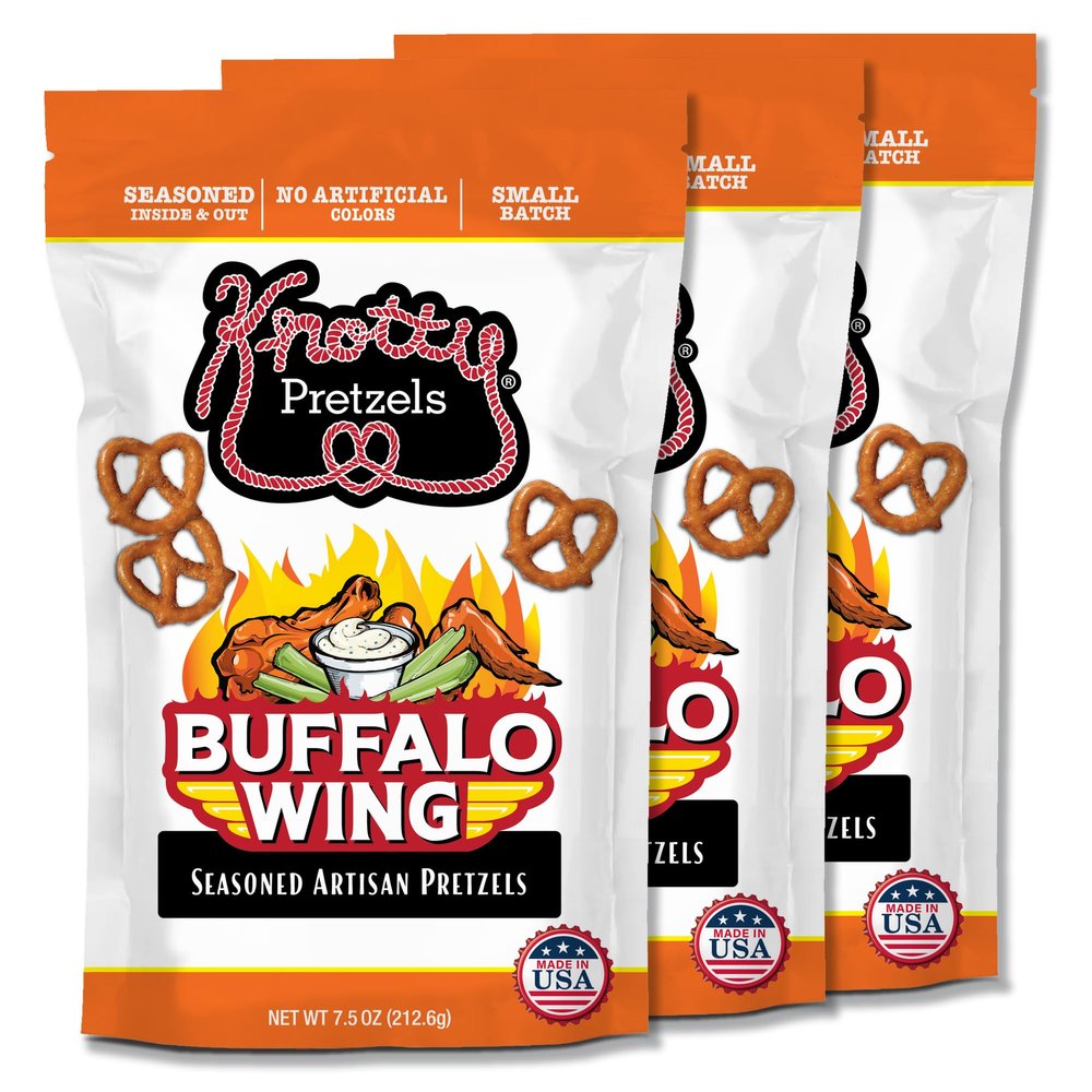 Knotty Pretzels The Official Pretzel of Beer 7.5 oz Individual Seasoned Pretzels in Resealable Pretzel Snack Bags, The Perfect Pairing for Beer, Hot Wings Flavor (3-Pack)