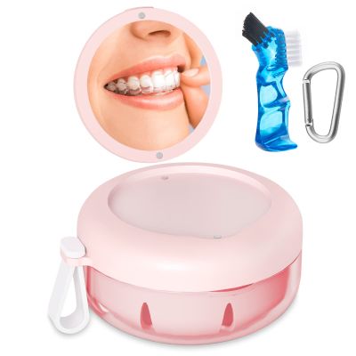 Denture Bath Case, Denture Cup, Leak Proof Portable Retainer Case, Denture Cleaning Kit with Cleaner Brush, Denture Box with Strainer & Mirror, Denture Case for Aligner Retainer Mouth Guard (Pink)