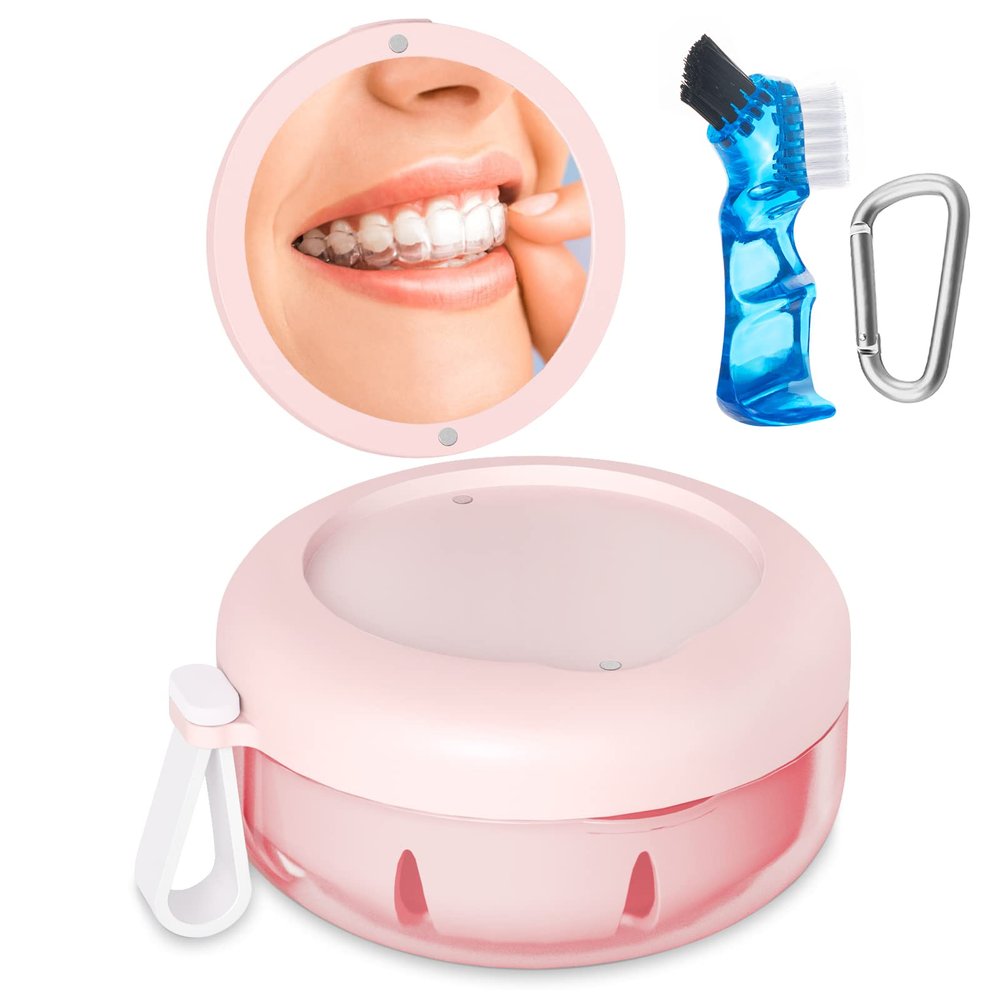 Denture Bath Case, Denture Cup, Leak Proof Portable Retainer Case, Denture Cleaning Kit with Cleaner Brush, Denture Box with Strainer & Mirror, Denture Case for Aligner Retainer Mouth Guard (Pink)
