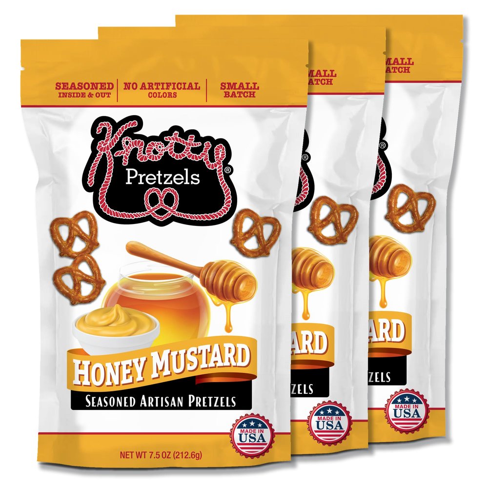 Knotty Pretzels - "The Official Pretzel of Beer" 7.5 Ounce Individual Seasoned Pretzel in Resealable Snack Bags - Honey Mustard (3 Pack)