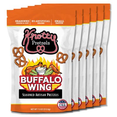 Knotty Pretzels The Official Pretzel of Beer 7.5 oz Individual Seasoned Pretzels in Resealable Pretzel Snack Bags, The Perfect Pairing for Beer, Hot Wings Flavor (6-Pack)
