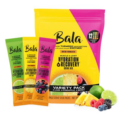 Bala Total Body Wellness Drink Mix - Hydrate & Recover Variety Pack - Pineapple, Lime & Berry - 4 Sticks/Flavor (12 Sticks Pack) - with Enzymes, Turmeric, Electrolytes, Amino Acids & Zero Sugar