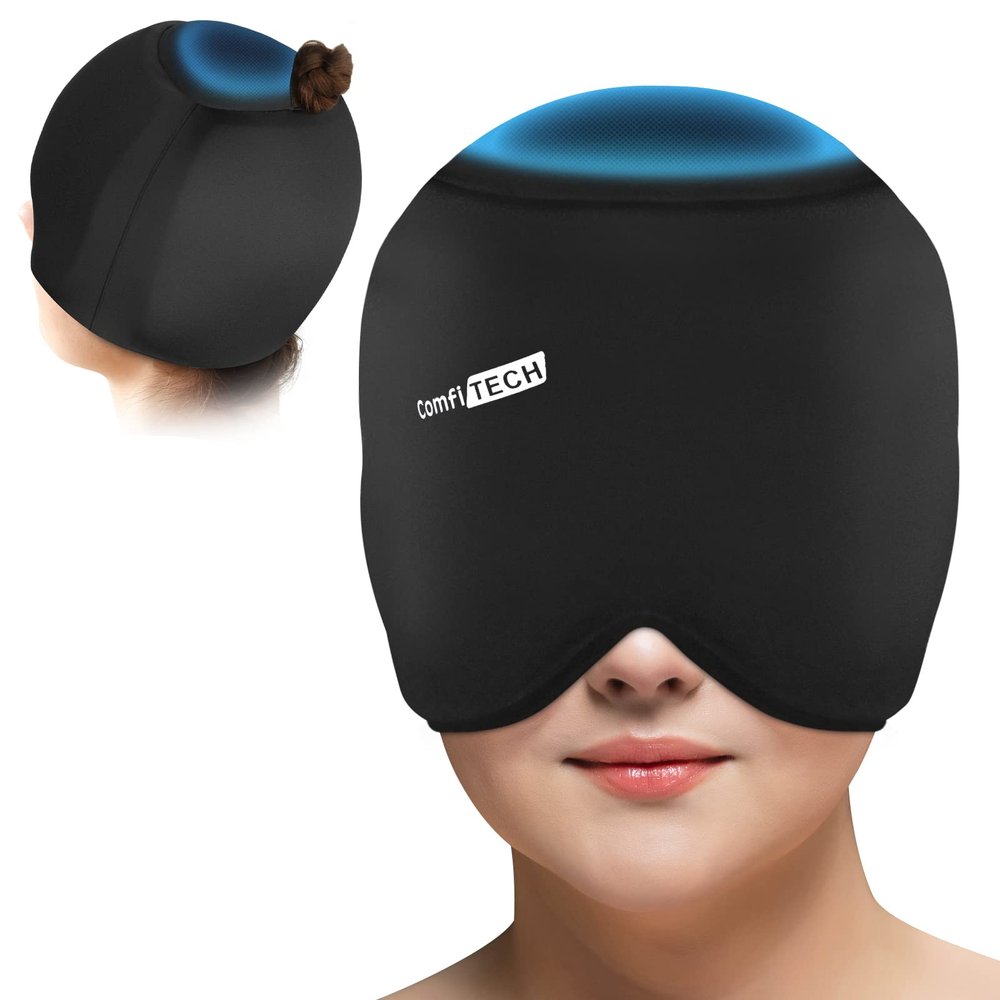 ComfiTECH Head Ice Pack Wrap with Top Coverage Cold Cap Cooling Gel Hat, Large, Black