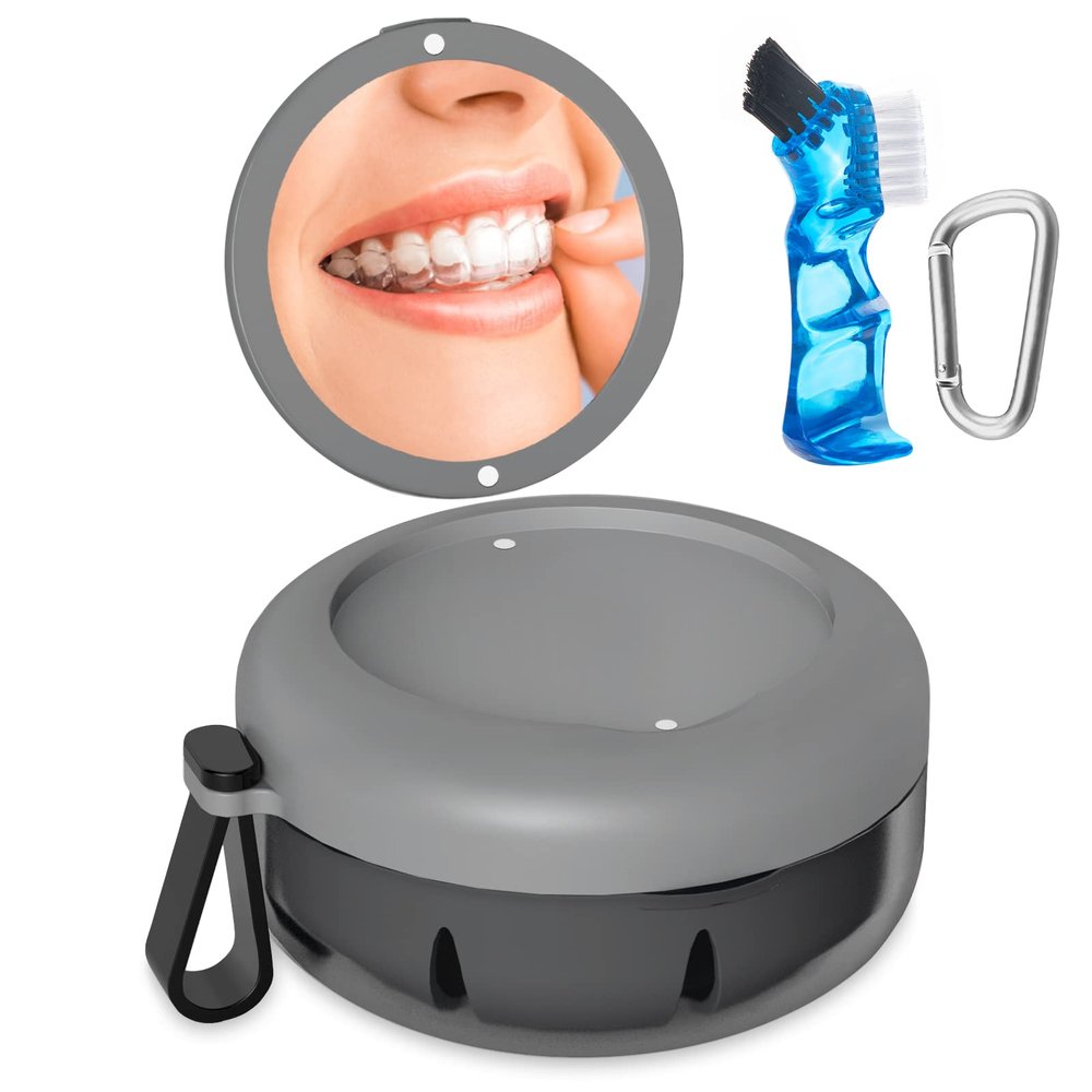 Denture Bath Case, Denture Cup, Leak Proof Portable Retainer Case, Denture Cleaning Kit with Cleaner Brush, Denture Box with Strainer & Mirror, Denture Case for Aligner Retainer Mouth Guard (Gray)