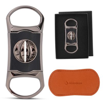 KEENSUN Zinc Alloy V-Cut Cigar Cutter (Gun Color and Black CNC Engraved Diamond Shell), 60 Ring Gauge, Stainless Steel Cut Blade with Leather Case and Gift Box