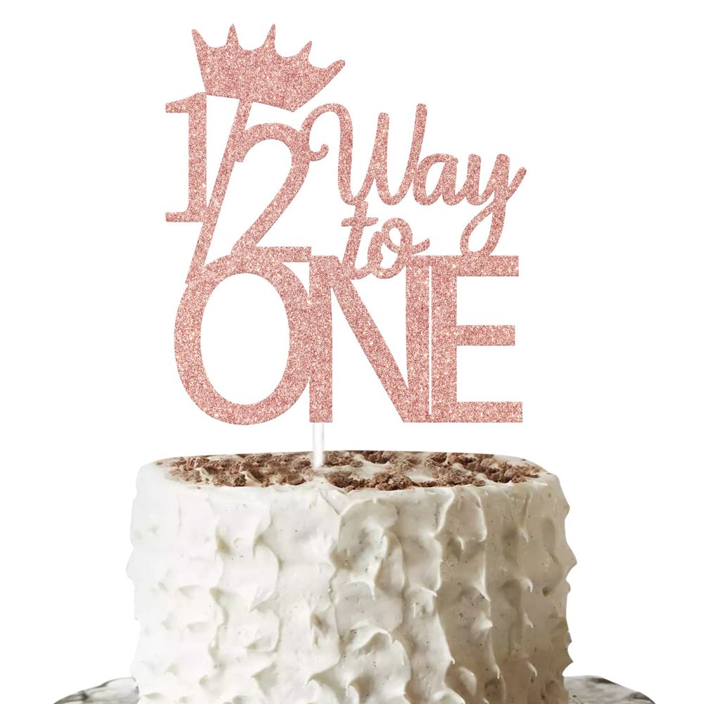 1/2 Way to One Cake Topper - Happy 6 Months Cake Topper - Happy 1/2 Birthday Baby Shower Decoration Rose Gold Glitter