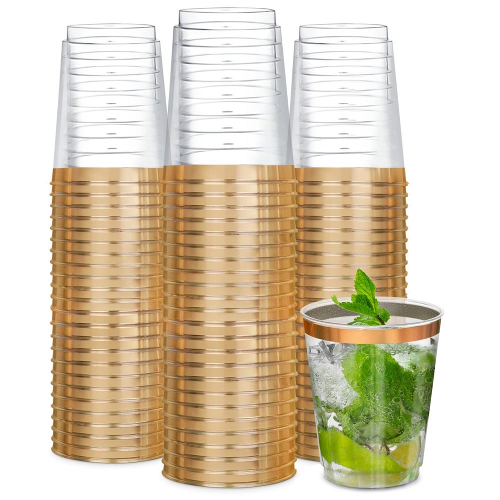 R-kay Gold Plastic Cups, Heavy Duty 10 OZ Disposable cups, Plastic Cocktail Glasses For Party, 50 Pack Disposable Cocktail Glasses (50, Gold)