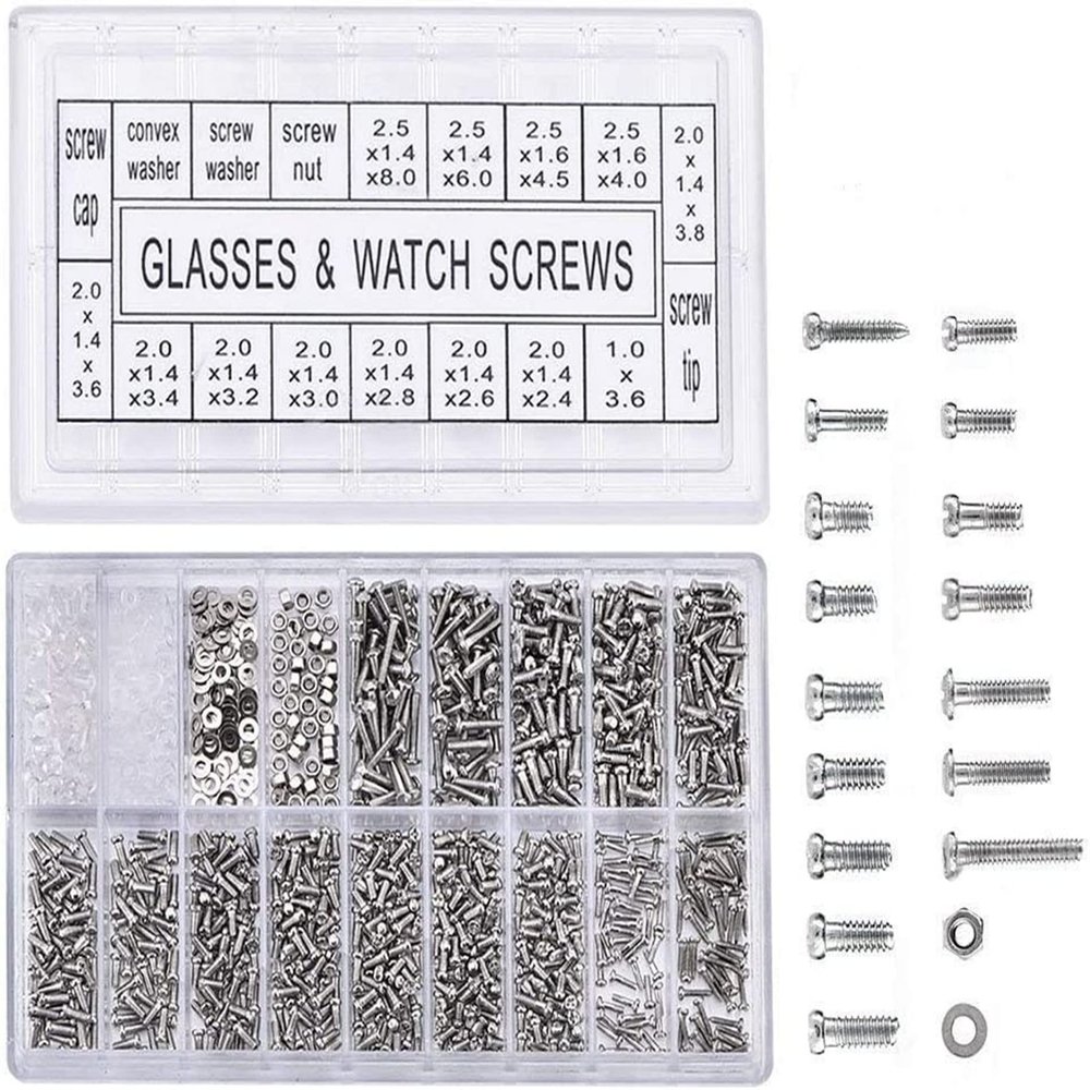 Restokki 1000 pcs Tiny Glasses Screws,Stainless Steel Eyeglass Sunglass Screws Repair Replacement Kit Tiny Screws Nut Washer Assortment for Spectacles Watch