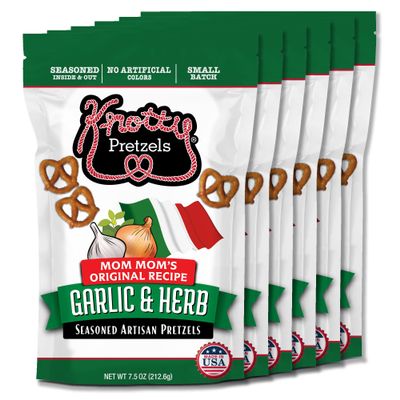 Knotty Pretzels The Official Pretzel of Beer 7.5 oz Individual Seasoned Pretzels in Resealable Pretzel Snack Bags, The Perfect Pairing for Beer, Savory Italian Flavor (6-Pack)