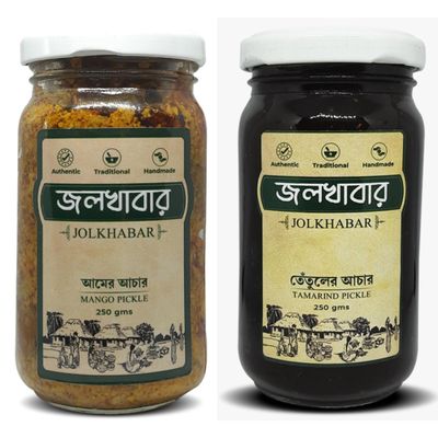 JOLKHABAR Aam Er Aachar - Tentul Er Aachar | Mango Pickle - Tamarind Pickle | Authentic Traditional Handmade | Bengali Recipe | 500Gms Pack (250 Gms Each) | Pack Of 2
