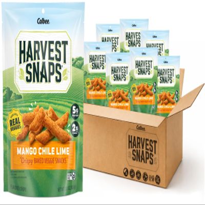 Harvest Snaps Veggie Chips (Mango Chile Lime Snack Crisps) | Powered by Plant Protein, Gluten Free, Non-GMO Baked Vegetable Crisps | Made in USA (8 Snack Packs)
