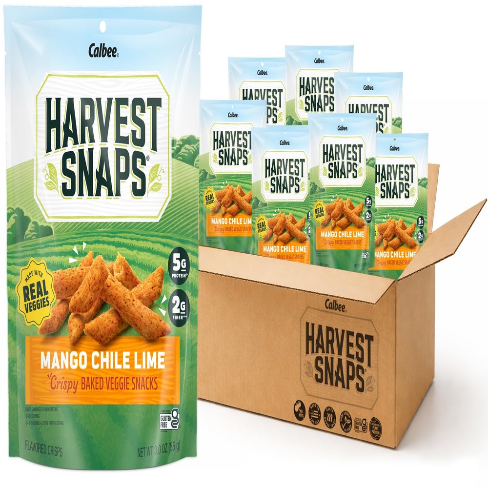 Harvest Snaps Veggie Chips (Mango Chile Lime Snack Crisps) | Powered by Plant Protein, Gluten Free, Non-GMO Baked Vegetable Crisps | Made in USA (8 Snack Packs)