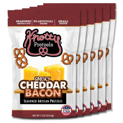 Knotty Pretzels The Official Snack of Beer 7.5 oz Seasoned Snack Bags, Cheddar Bacon Flavor (6-Pack)