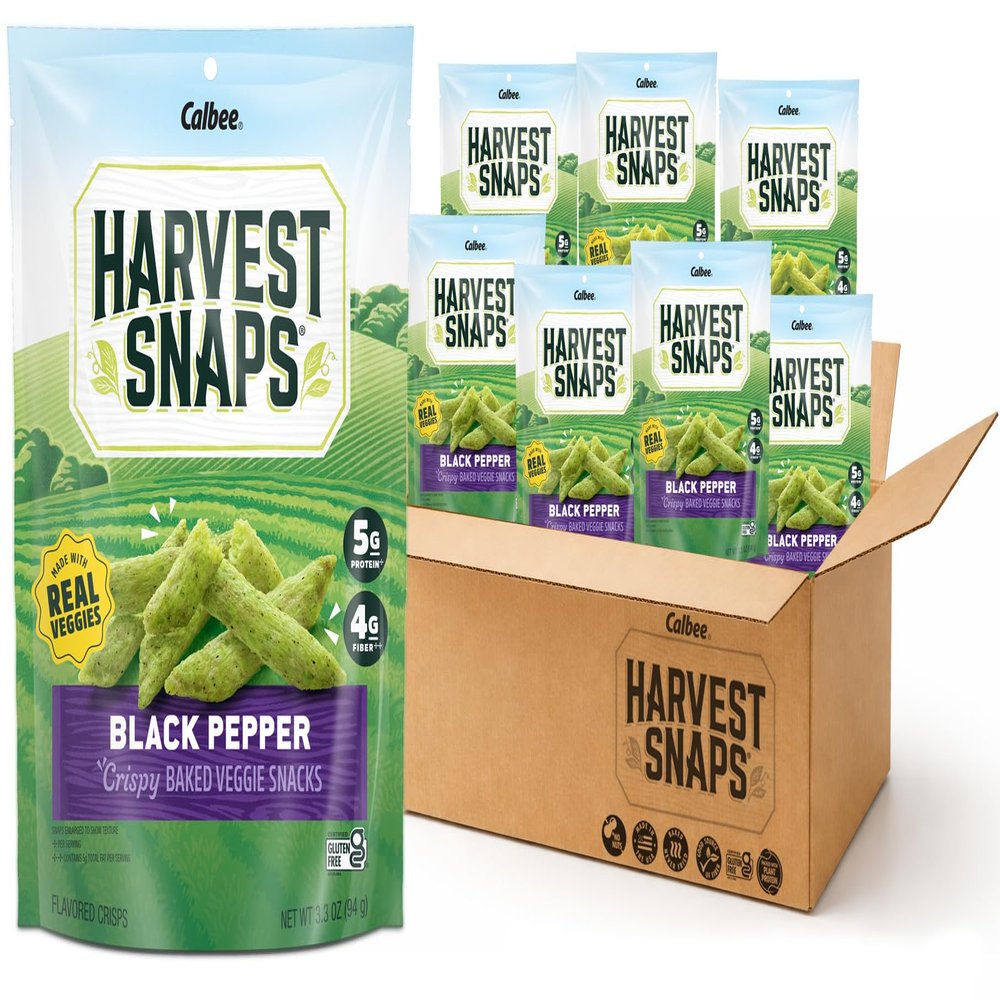 Harvest Snaps Veggie Chips (Black Pepper Snack Crisps) | Powered by Plant Protein, Gluten Free, Non-GMO Baked Vegetable Crisps | Made in USA (8 Snack Packs)