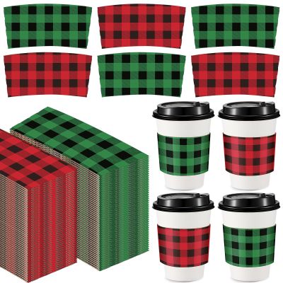 200 Pieces Christmas Coffee Sleeves Disposable Christmas Coffee Cup Sleeves Plaid Coffee Sleeves Hot Chocolate Bar Cup Sleeves Tea Cup Sleeves for 12 oz and 16 oz Hot Chocolate Coffee Cocoa Tea Cups