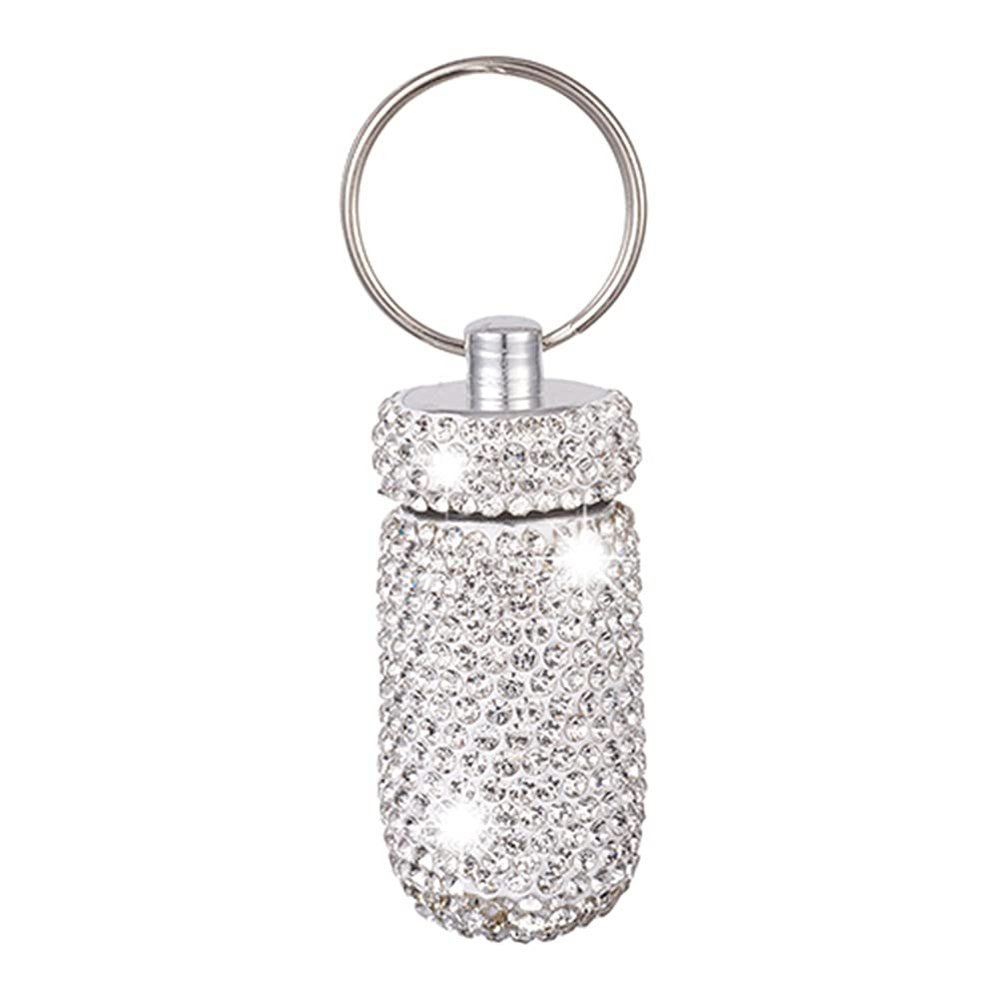 Aluminum Keychain Medication Pill Box Mini Size Pill Holder,Waterproof and Light Weight Pill Case, Bling Pill Container Key Chain Medicine Dispenser Organizer Bottle Storage Aluminum Keychain,White
