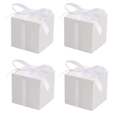 KUPOO 50PCS Favor Boxes,Candy Boxes 2.2x2.2x2.2 Inches Small Gift Boxes with Ribbons for Wedding Baby Shower Decorations Birthday Party Supplies (White)