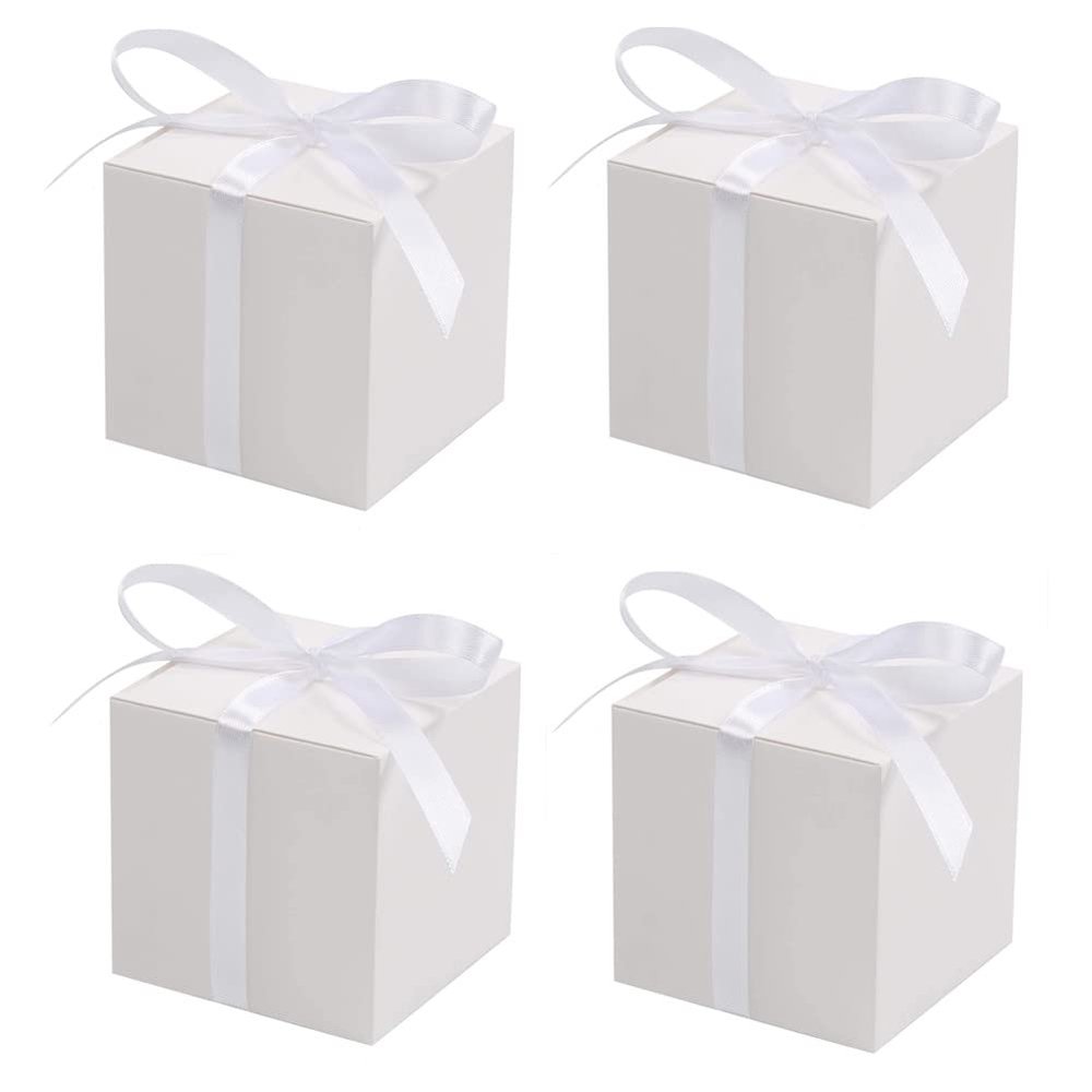 KUPOO 50PCS Favor Boxes,Candy Boxes 2.2x2.2x2.2 Inches Small Gift Boxes with Ribbons for Wedding Baby Shower Decorations Birthday Party Supplies (White)