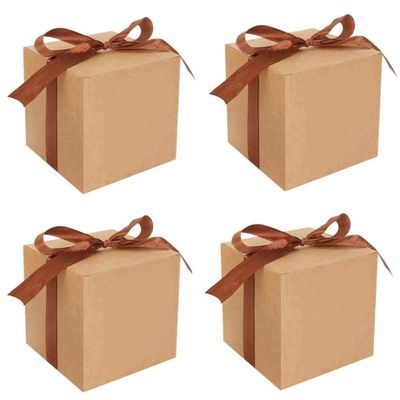 KUPOO 50PCS Favor Boxes,Candy Boxes 2.2x2.2x2.2 Inches Small Gift Boxes with Ribbons for Wedding Baby Shower Decorations Birthday Party Supplies (Brown)