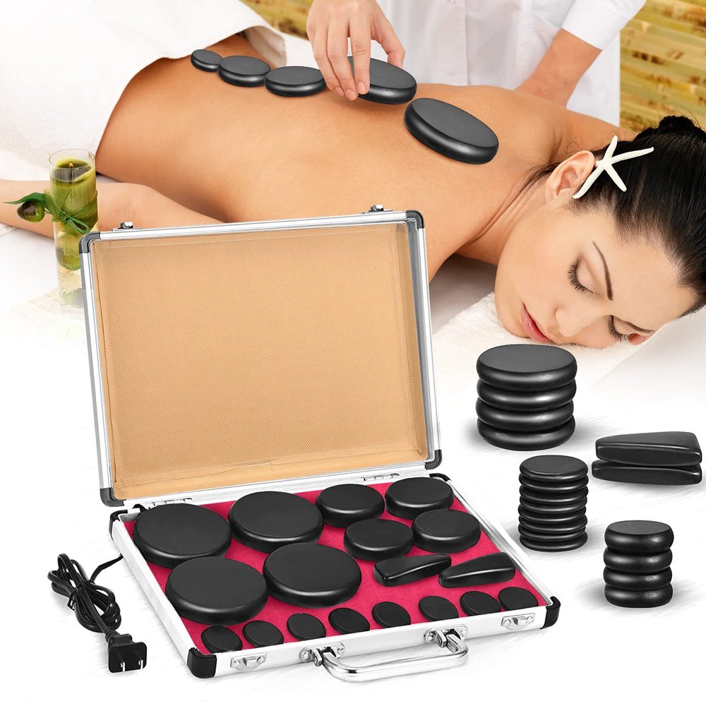 Yunsailing Hot Stones Massage Set 18 Pieces Basalt Hot Rocks Massage Rocks Kit Black Smooth Stones for Professional Home Spa Warming Relaxing Pain Relief, Constant 50c (122f)(Temperature Constant)