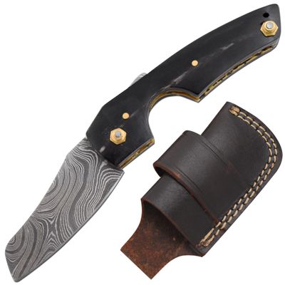 Old Ram Handmade Real Damascus Steel Cigar Cutter Horn Handle Comes With Leather Sheath
