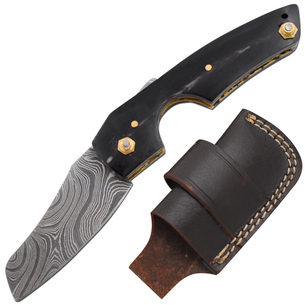 Old Ram Handmade Real Damascus Steel Cigar Cutter Horn Handle Comes With Leather Sheath