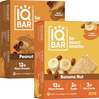 IQBAR Brain and Body Keto Protein Bars - Peanut Butter Chip and Banana Nut - 12 Count Energy Bars - Low Carb Protein Bars - High Fiber Vegan Bars Low Sugar Meal Replacement Bars