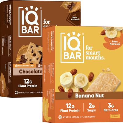 IQBAR Brain and Body Keto Protein Bars - Chocolate Lovers Variety and Banana Nut - 12 Count Energy Bars - Low Carb Protein Bars - High Fiber Vegan Bars Low Sugar Meal Replacement Bars