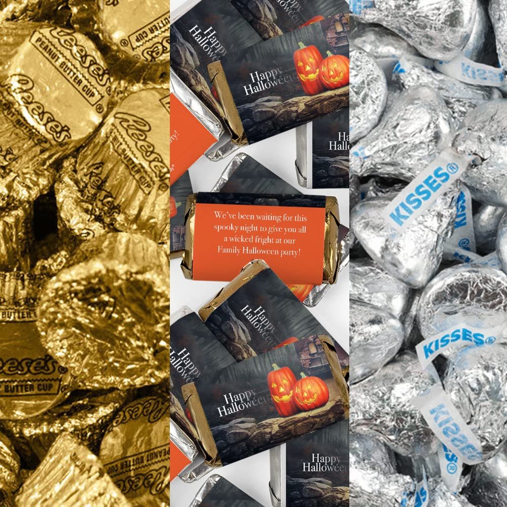 200pcs Personalized Halloween Candy Party Favors Chocolate Goodie Bag Filler, Candy Buffet (Miniatures, Kisses, Peanut Butter Cups) - Carved Pumpkins