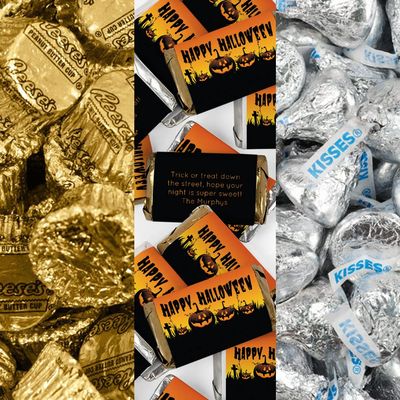 200pcs Personalized Halloween Candy Party Favors Chocolate Goodie Bag Filler, Candy Buffet (Custom Miniatures, Kisses, Peanut Butter Cups) - Pumpkins