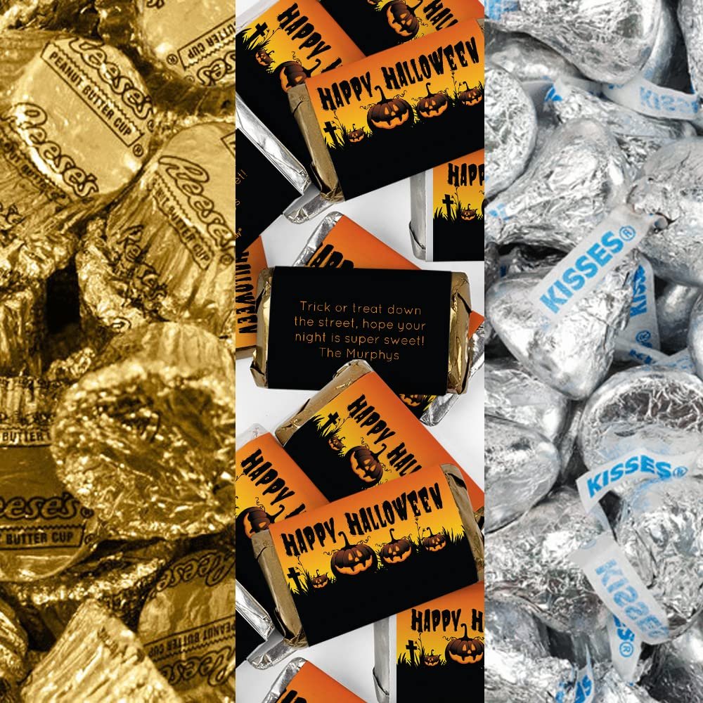 200pcs Personalized Halloween Candy Party Favors Chocolate Goodie Bag Filler, Candy Buffet (Custom Miniatures, Kisses, Peanut Butter Cups) - Pumpkins