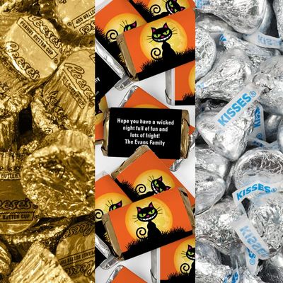 200pcs Personalized Halloween Candy Party Favors Chocolate Goodie Bag Filler, (Miniatures, Kisses, Peanut Butter Cups) - Black Cat