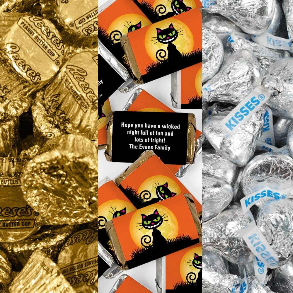200pcs Personalized Halloween Candy Party Favors Chocolate Goodie Bag Filler, (Miniatures, Kisses, Peanut Butter Cups) - Black Cat