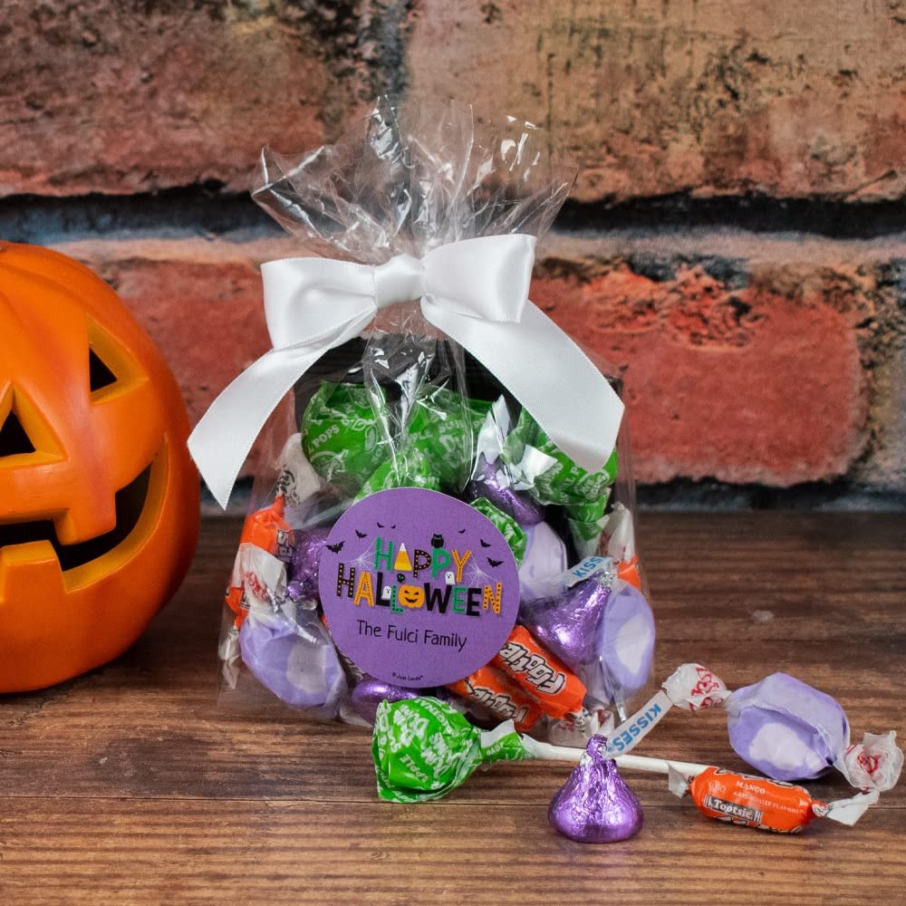 12ct Personalized Halloween Candy Goodie Bag Party Favors for Kids & Adults - Bulk (12 Count) - Purple Happy Halloween