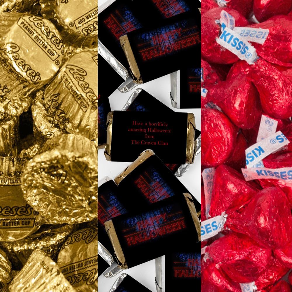 200pcs Personalized Halloween Candy Party Favors Chocolate Goodie Bag Filler (Custom Miniatures, Kisses, Peanut Butter Cups) - Stranger Halloween