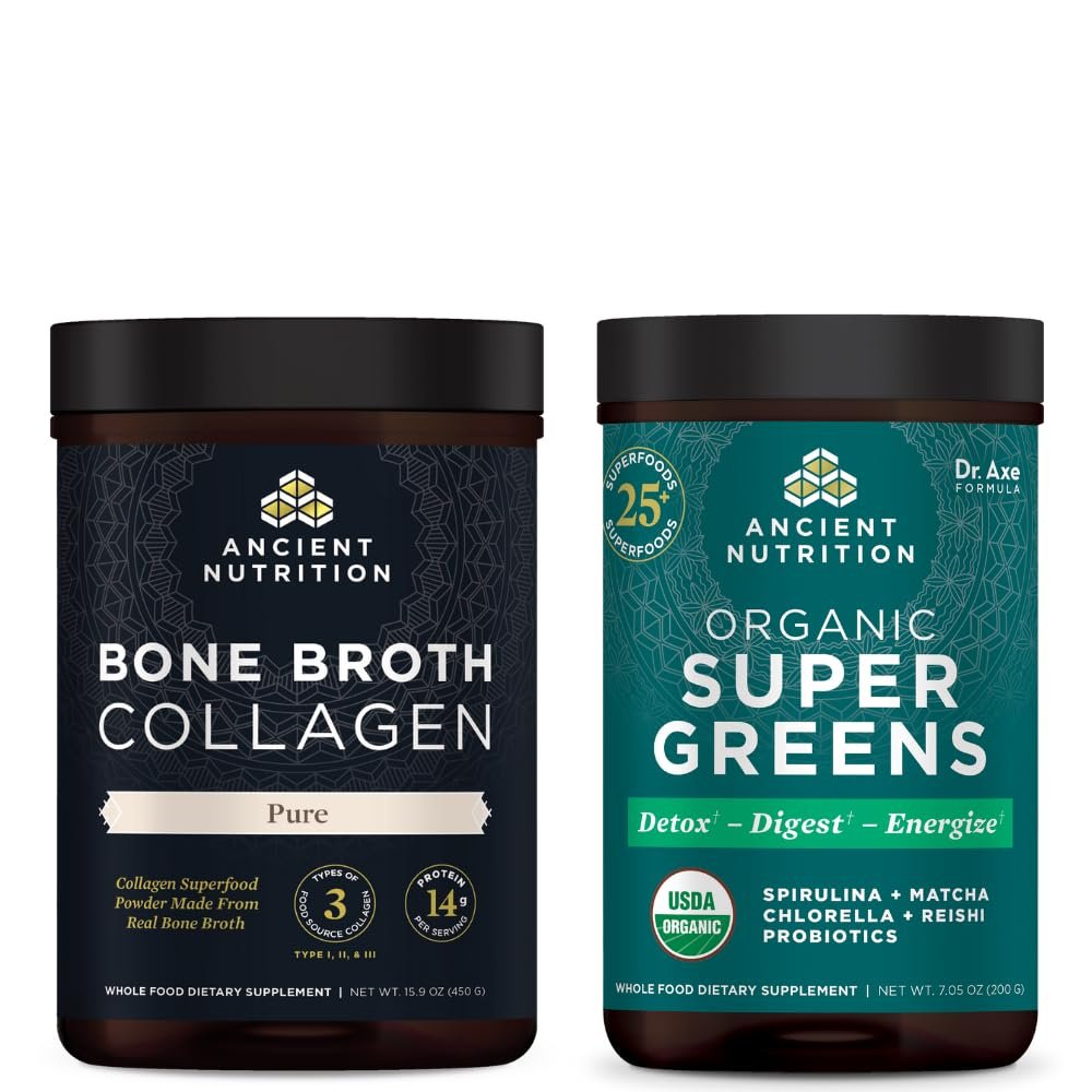 Ancient Nutrition Bone Broth Collagen Powder, Pure, 30 Servings + Organic Supergreens Powder, Greens Flavor, 25 Servings
