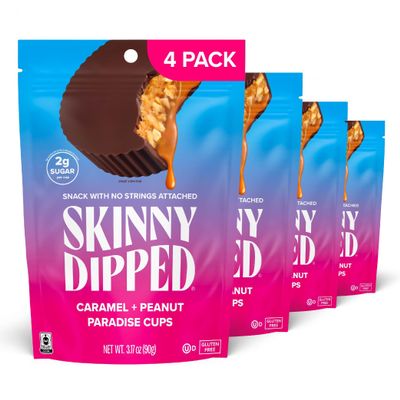 SkinnyDipped Caramel Peanut Paradise Cups, 2g Sugar per Cup, Gluten Free, Low Carb Snack, 3.2oz Resealable Bags, 6 Count (Pack of 4)