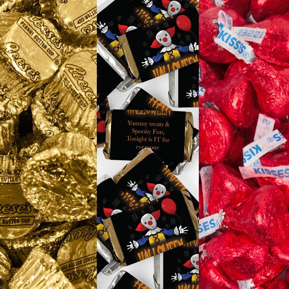 200pcs Personalized Halloween Candy Party Favors Chocolate Goodie Bag Filler (Custom Miniatures, Kisses, Peanut Butter Cups) - Wise Clown