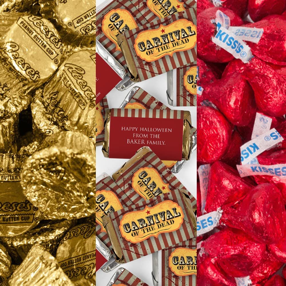 200pcs Personalized Halloween Candy Party Favors Chocolate Goodie Bag Filler (Custom Miniatures, Kisses, Peanut Butter Cups) - Carnival Clown