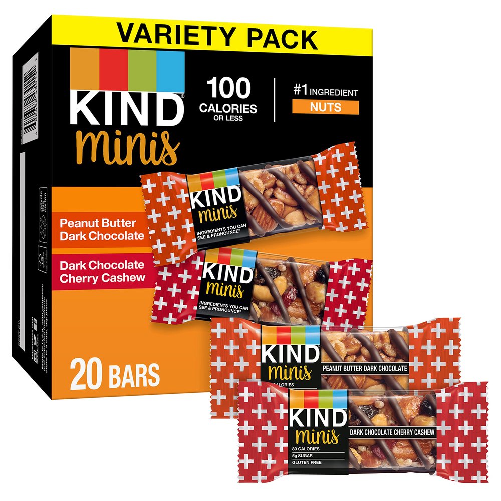 KIND Minis Bars, Peanut Butter Dark Chocolate and Dark Chocolate Cherry Cashew, Gluten Free, Variety Pack, 0.7 OZ, (Pack of 20)