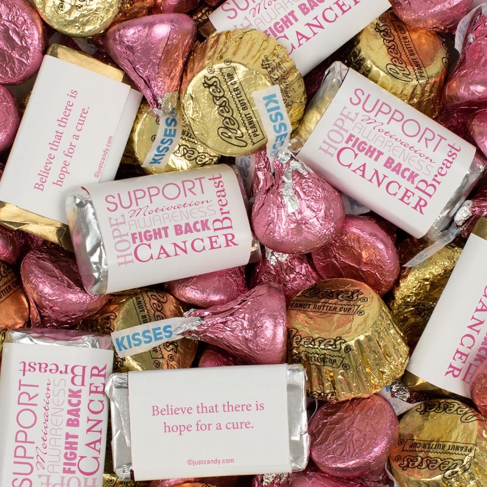200pcs Personalized Breast Cancer Awareness Candy Favors Chocolate Goodie Bag Filler, (Miniatures, Kisses, Peanut Butter Cups) - Words for a Cure