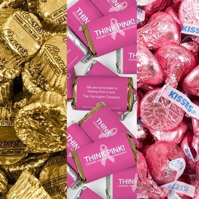 200pcs Personalized Breast Cancer Awareness Candy Favors Chocolate Goodie Bag Filler, (Miniatures, Kisses, Peanut Butter Cups) - Think Pink