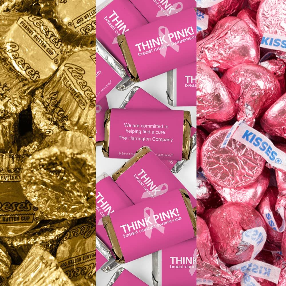 200pcs Personalized Breast Cancer Awareness Candy Favors Chocolate Goodie Bag Filler, (Miniatures, Kisses, Peanut Butter Cups) - Think Pink