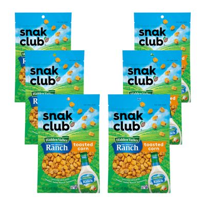 Snak Club Toasted Corn with Hidden Valley Ranch Seasoning, Roasted and Salted Corn Nuggets, Gluten-Free and Kosher Snack, 3 oz Resealable Bags, 6 Pack