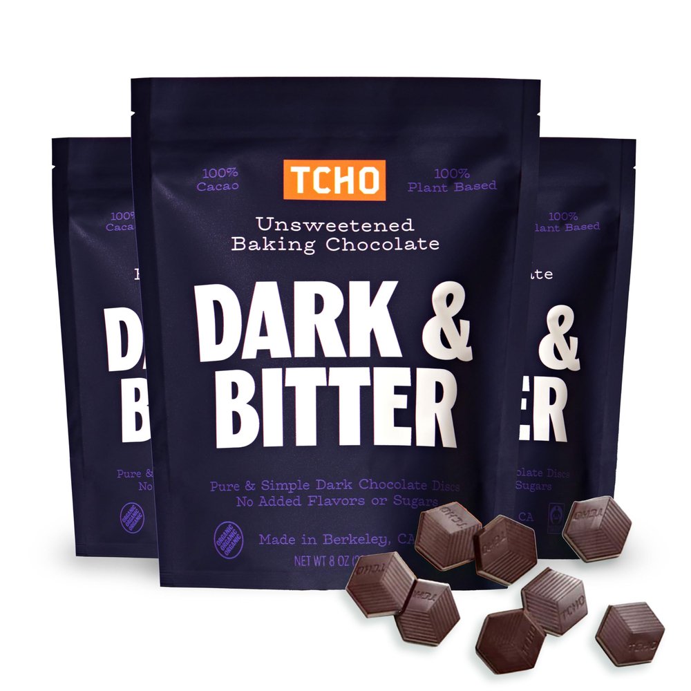TCHO Dark & Bitter 100% Unsweetened Dark Chocolate Baking Couverture (3 Bag) | Organic & Fair Trade Certified | Non GMO, Non-Dairy, Vegan, Soy Free (8oz each)