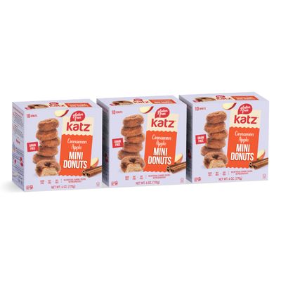 Katz Gluten Free Mini Cinnamon Apple Donuts. Fresh Baked Donuts Made With Apple Chunks and Dusted In Cinnamon Sugar. Grain Free. Tree Nut Free, Peanut Free. Kosher. 10 Donuts. 6.0 oz. (Pack of 3)